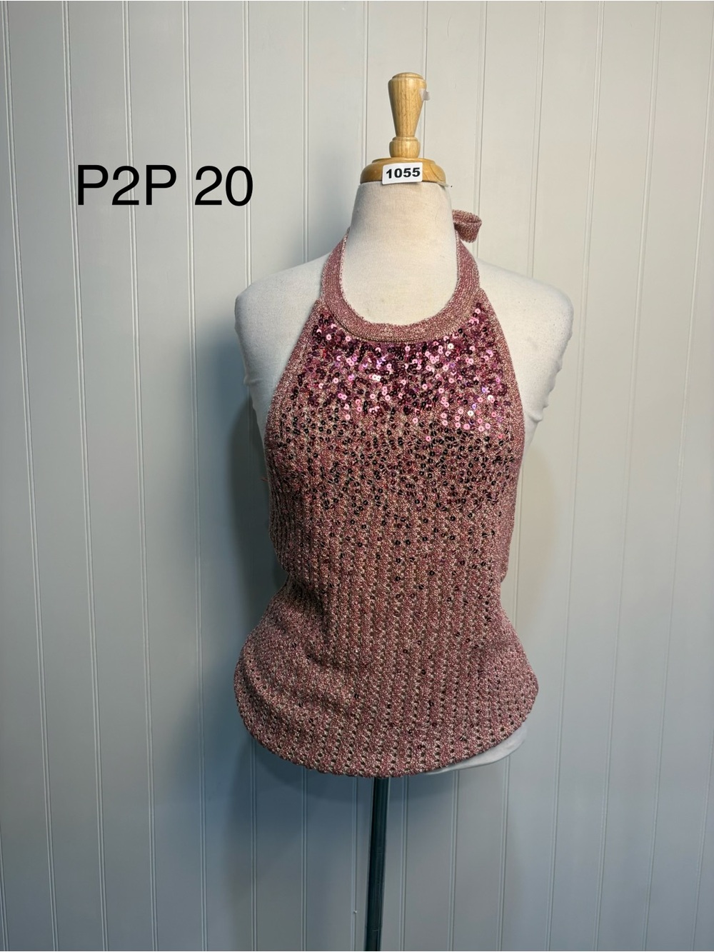 River Island Pink Sequin Halter Knit Top Medium Y2K Glam Party Festival L/XL